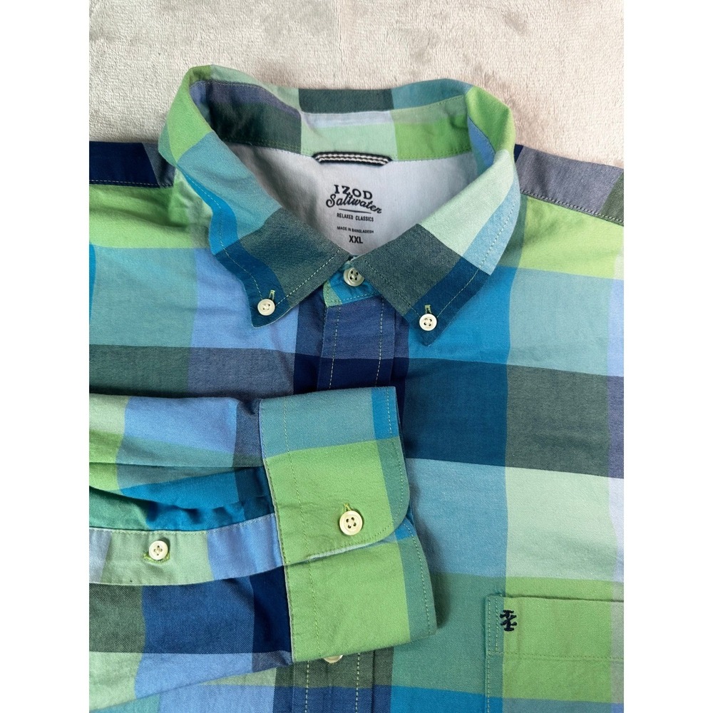 IZOD Saltwater Shirt Mens XXL Blue Green Plaid Long Sleeve Beach Vacation Preppy